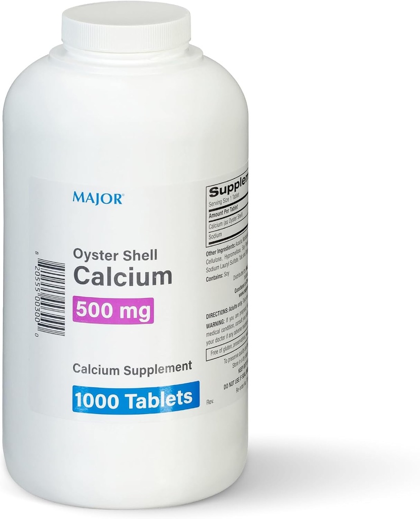 MAJOR Oyster Shell Calcium 500mg - Daily Dietary Supplement for Bone Health and Joint Support, Mineral Supplement for Men and Women, Gluten-Free - 1000 Tablets (1 Pack)