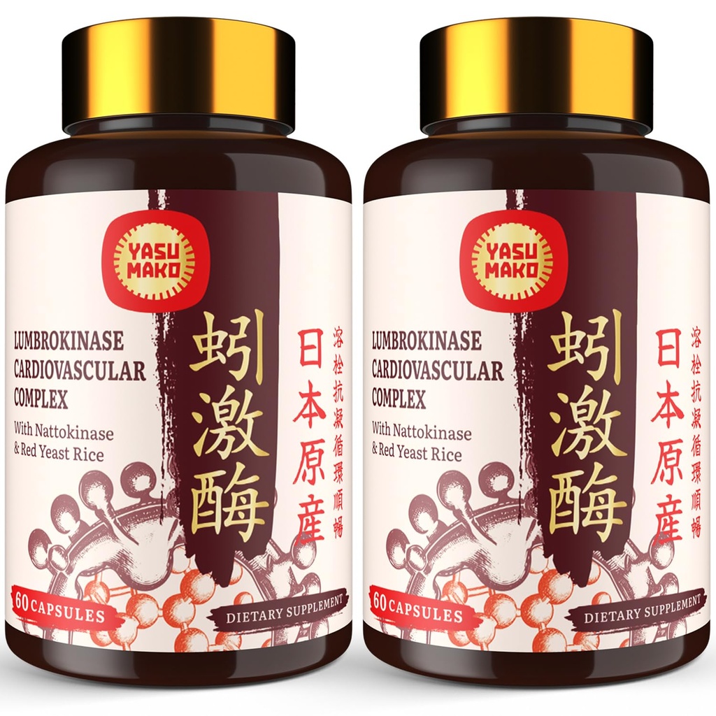 Lumbrokinase 100mg (Max Aktivitet 1. 000.000 LKU), Nattokinase 100mg- 2. 000 FU Aktivitet og Rød Gær Rice 300mg, Lumbrokinase Enzymes Supplement for Circulatory, Cognition, 120 Kapsler (pakning med 2)