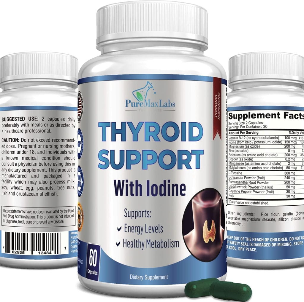 Thyreoideafunktion med jod - Metabolisme Booster, Energy Booster, Forøg fokus - Premium Non- GMO Thyreoideatillæg 60 Kapsler