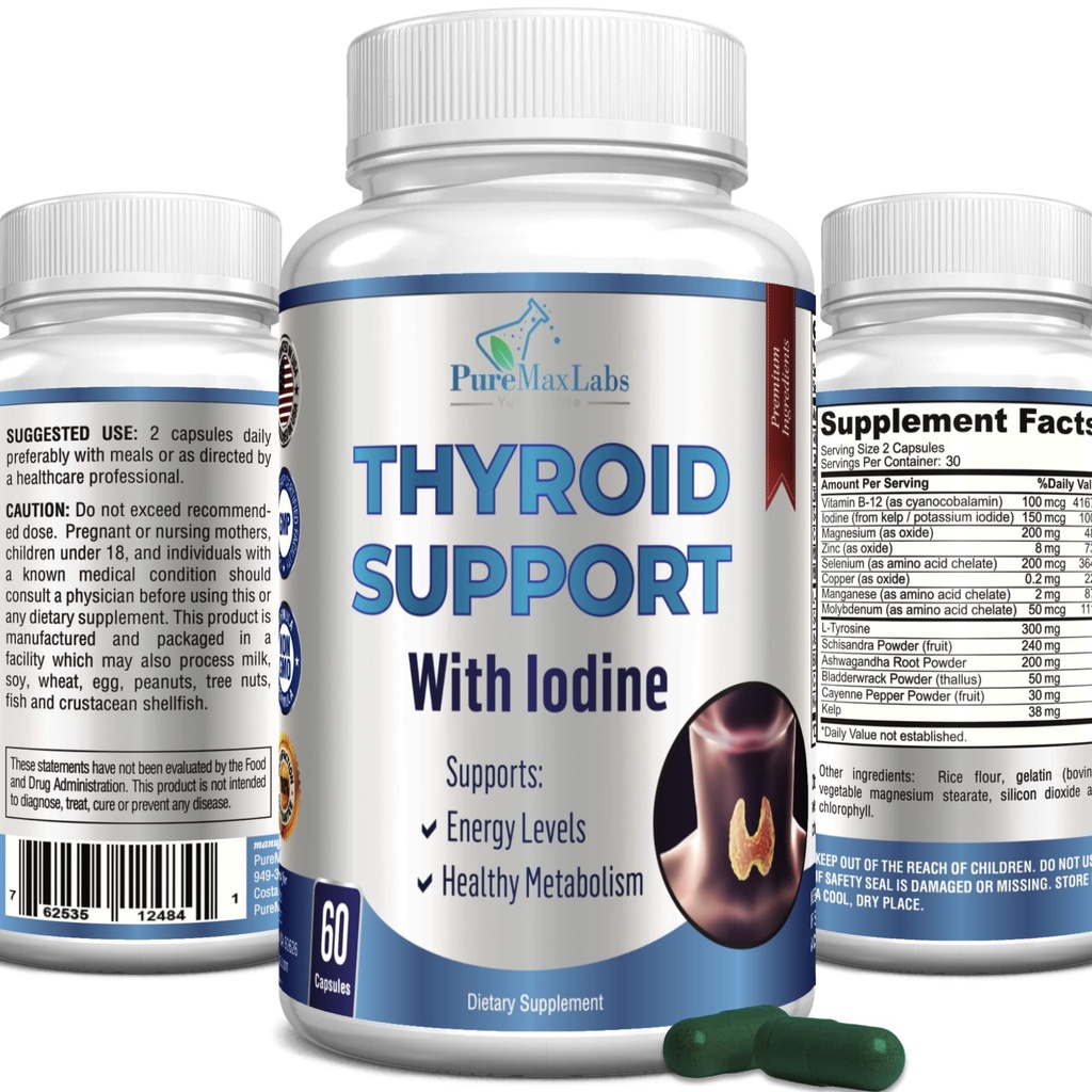 Thyreoideafunktion med jod - Metabolisme Booster, Energy Booster, Forøg fokus - Premium Non- GMO Thyreoideatillæg 60 Kapsler