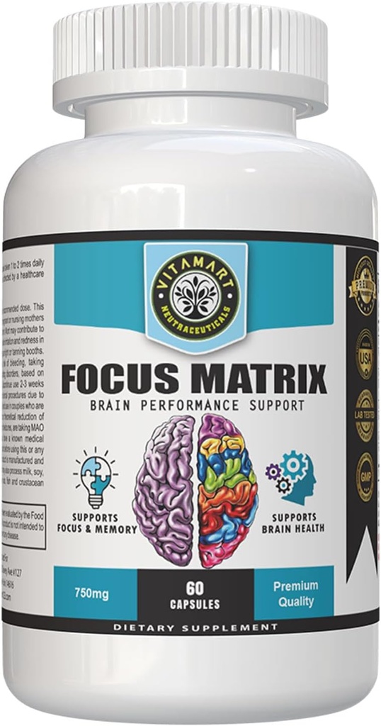 Fokus Matrix (1 flaske) Hjernehelbred- for bedre fokus, hukommelse, opmærksomhed, koncentration, Ginkgo biloba Leaf, Bacopa Monnieri, Focus pill