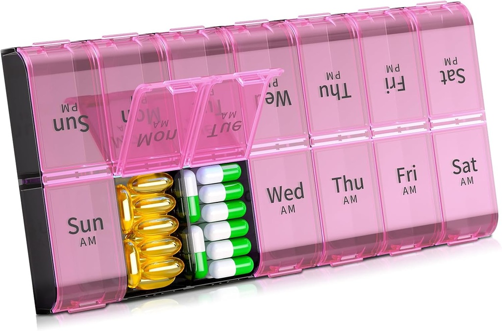 Daviky XL Stor Ugentlig Pill Organizer 2 gange om dagen, Ekstra Big 7 Day Pill Box AM PM, Daily Pill Case Medicine Organizer med 14 afdelinger, Dag nat Container for Fish Oliils, Vitamin, Supplement