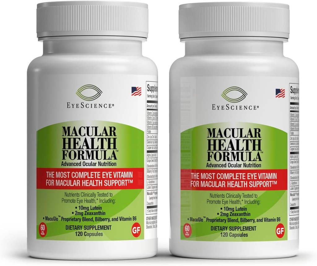 EyeScience - Macular Health Formel - 120 kapsler - Komplet næringstilskud for øje sundhed - Indeholder Lutein, Zeaxanthin, C-vitamin, D, E & B6- 2 - Pack