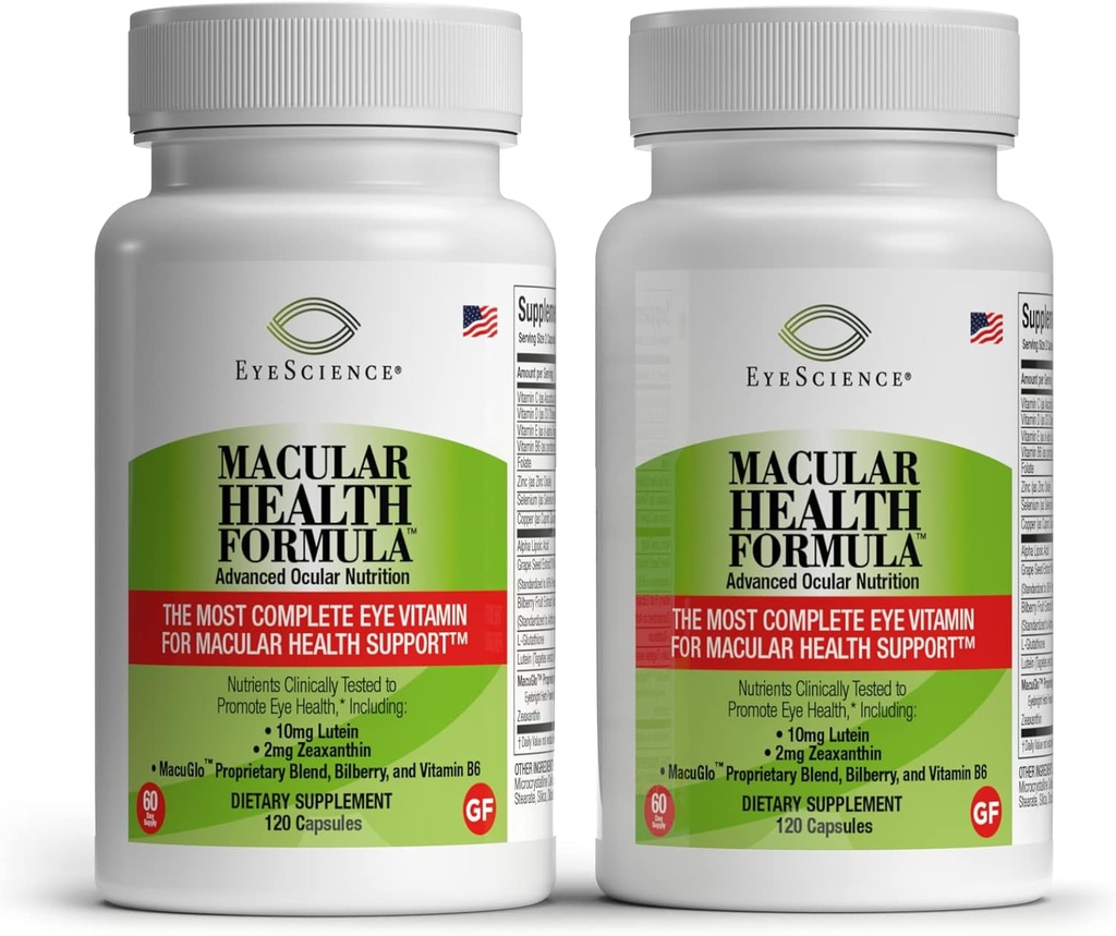 EyeScience - Macular Health Formel - 120 kapsler - Komplet næringstilskud for øje sundhed - Indeholder Lutein, Zeaxanthin, C-vitamin, D, E & B6- 2 - Pack