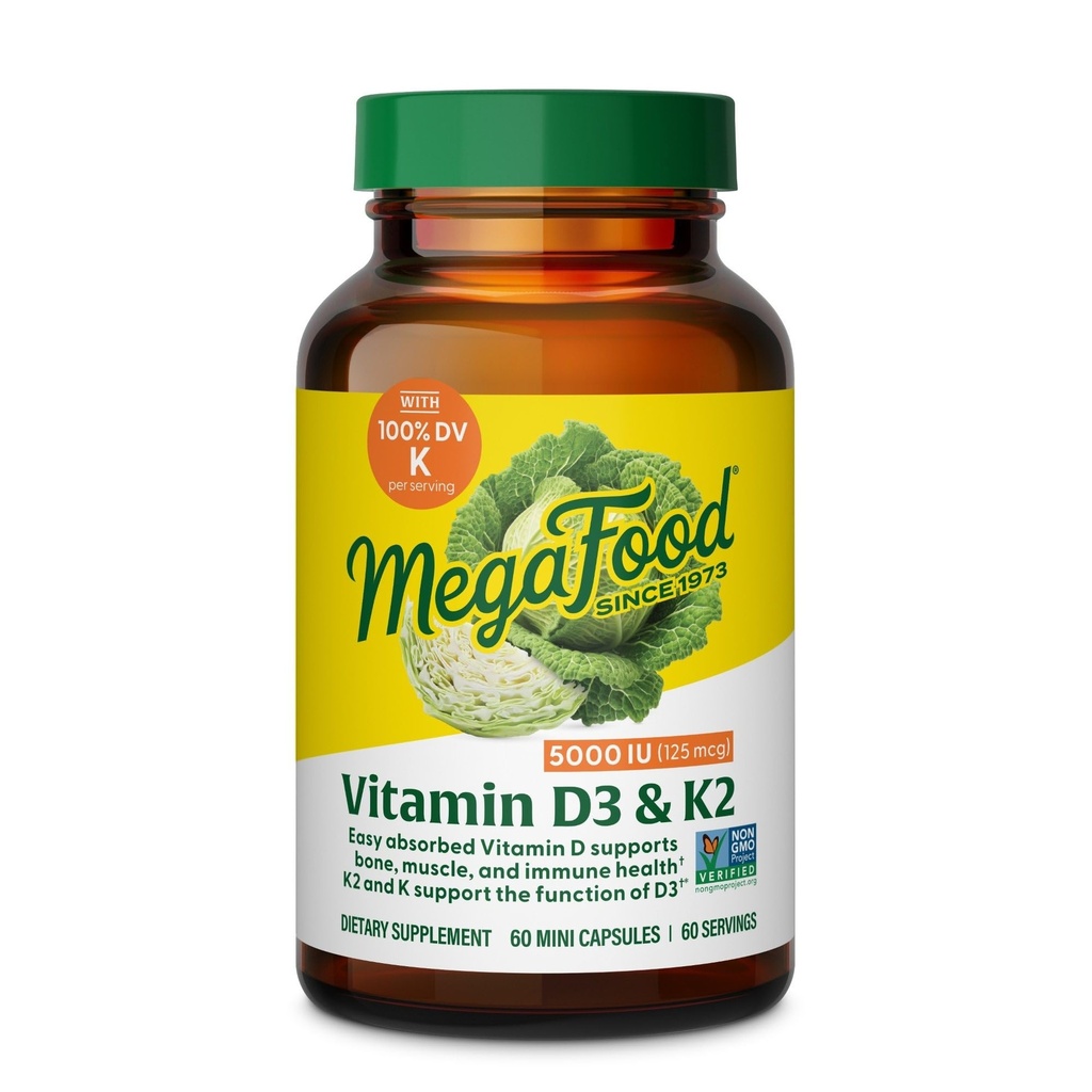 MegaFood Vitamin D3 5000 IE (125 mcg) - Vegetarisk Kosttilskud med vitamin D3 K2 - Understøtter knogler, tænder, muskler og immunforsvar - Certificeret ikke- GMO - 60 Mini kapsler, 60 Servering
