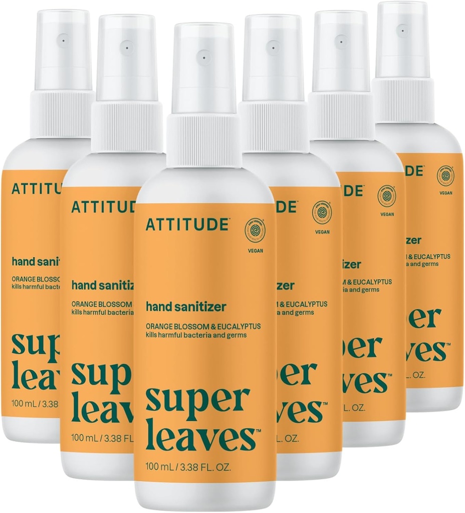 ATTITIDE Hand Sanitizer Spray, EWG Verified, Kills Germs & Bacteria, Vegan & Plant- baseret, Sikker for voksne & Børn, Orange Blossom & Eucalyptus Scent, 3.38 Fl Oz (Pack of 6) (Spray Flaske)