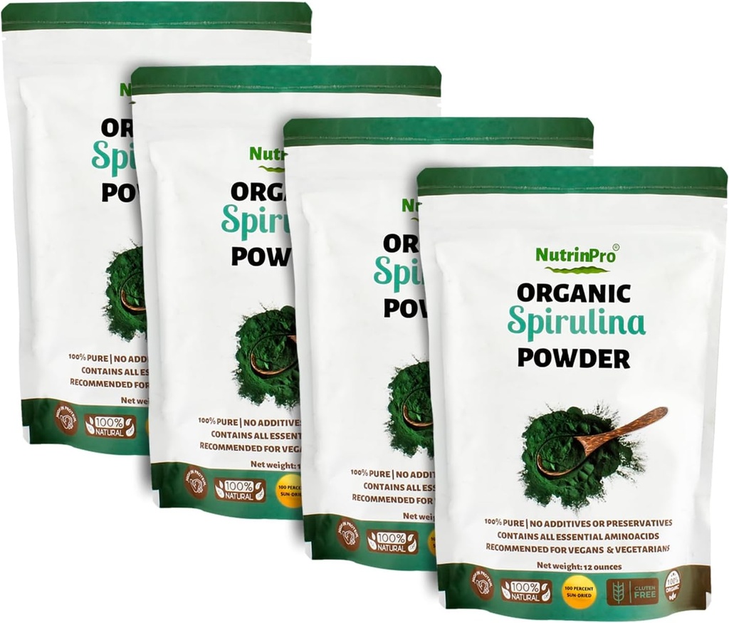 Four Pack Spirulina Powder for Juice and Smoothy Mix; 100% Natural, USDA Organic and Gluten Free, with High Protein, Vitamin, Antioxidants and Minerals (12 Ounces) (4)