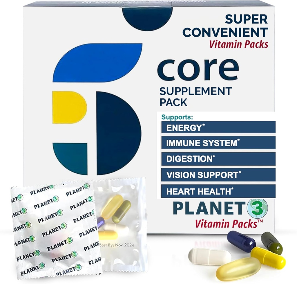 Daglige vitaminpakker til mænd og kvinder - immunstøtte med hyldebær, C-vitamin, zink & D3 - Multivitamin med Omega-3 til hjertesundhed, probiotika, methyl B12, biotin, Lutein & Zeaxanthin - Planet 3