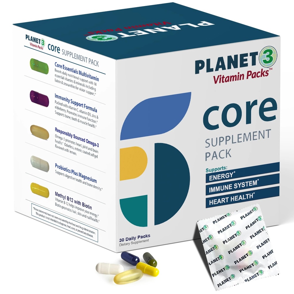 Daglige vitaminpakker til mænd og kvinder - immunstøtte med hyldebær, C-vitamin, zink & D3 - Multivitamin med Omega-3 til hjertesundhed, probiotika, methyl B12, biotin, Lutein & Zeaxanthin - Planet 3