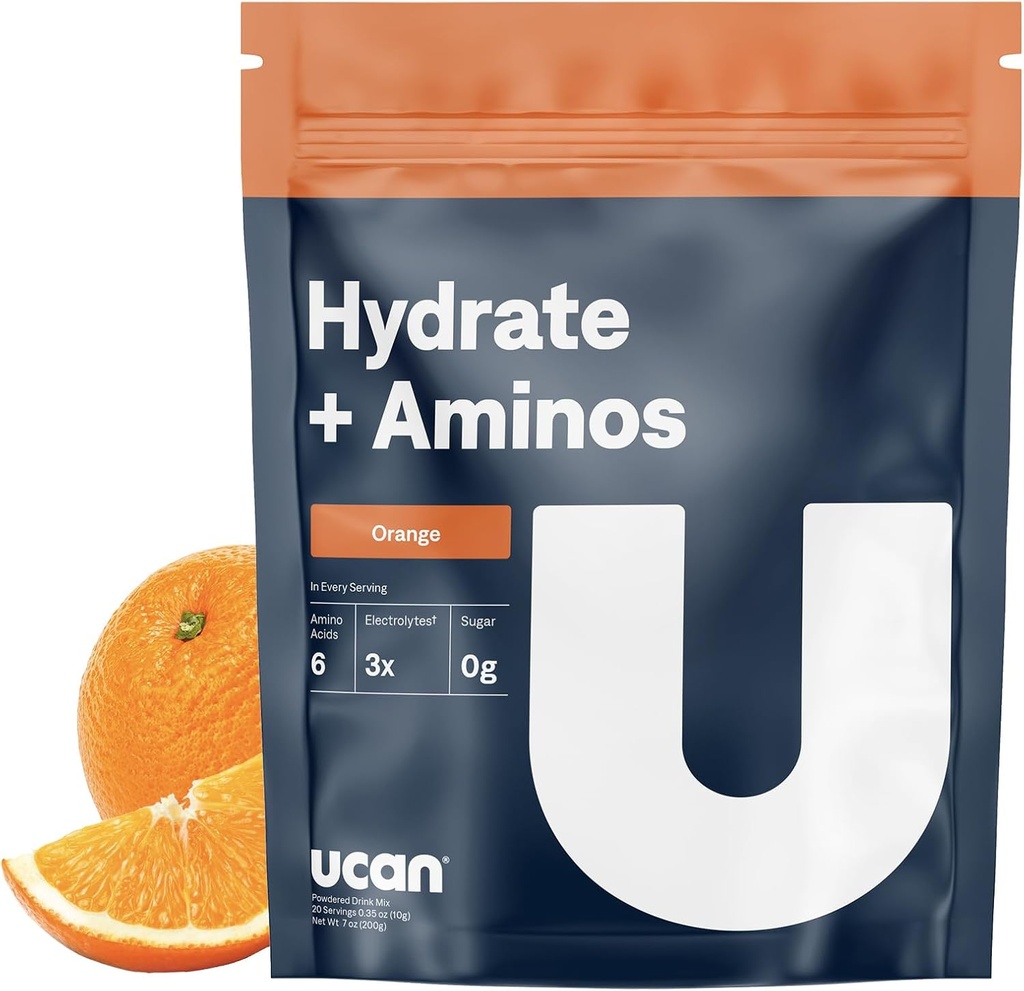 UCAN Hydrate + Aminos, Orange 20 Serveringspose, Keto, Sugar- Free Electrolyte + Muscle Recovery, Essential Electrolytes + EAA & BCAA, Non- GMO, Vegan, for løbere, Gym-Goers, Performance Atletes