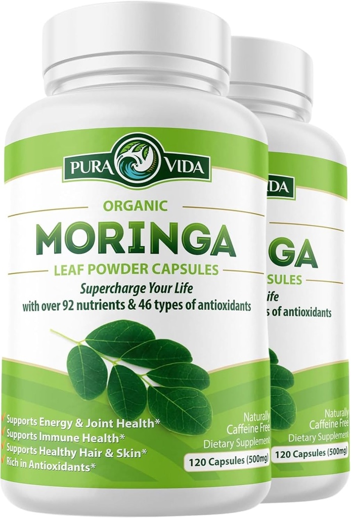 PURA VIDA MORINGA Capsules Single Origin Organic Moringa Powder. Moringa Leaf. Energi, Metabolisme, & immunforsvar. 120ct. 500mg Caps. (pakke med 2)