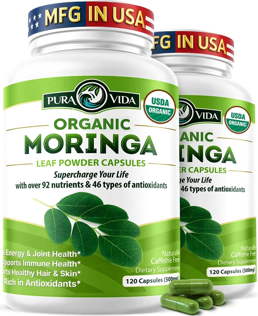 PURA VIDA MORINGA Capsules Single Origin Organic Moringa Powder. Moringa Leaf. Energi, Metabolisme, & immunforsvar. 120ct. 500mg Caps. (pakke med 2)
