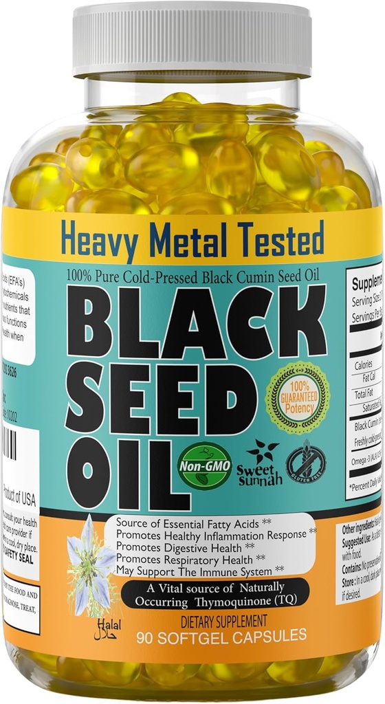Black Seed Oil Capsules 1000mg - Lab Testet tyrkisk Nigella Sativa med 3X Thymoquinone (90 Softgels) - USA Made, Cold- presset Kalonji olie - Pure Non- GMO Sweet Sunnah til hår, hjerne og immunforsvar