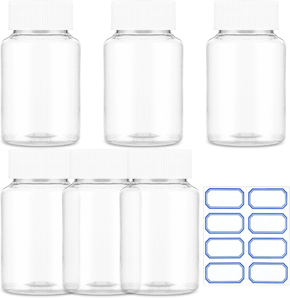 Sibba Clear Pill Flaske 6 Pcs Tomme Medicine Arrangører 30ML Jar Powder Box Lagring Transparent Reagens Containers Plastic Dispenser læk Bevis Caps Receptacle for Toillity Counter Labels
