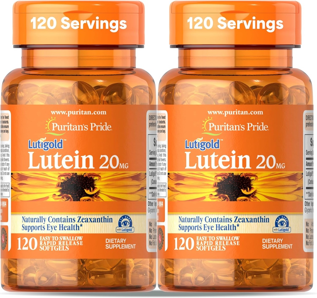 Puritan 's Pride Premium Lutigold Lutein Carotenoid 20mg med Zeaxanthin til mænd og kvinder, Kosttilskud til øjensundhedssupport, 8 måneder Supply, 120 Easy- to- Swallow Softels, 2 Pack