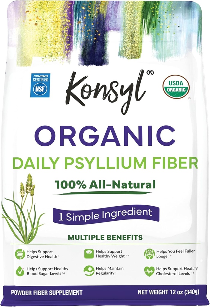 Konsyl Organic Psyllium Husk Powder, 5g Plant Based Opløselig Fiber per servering - USDA Organic, Non- GMO, Gluten Free, Sugar Free, Vegan, 12 Ounce (Pack of 1)