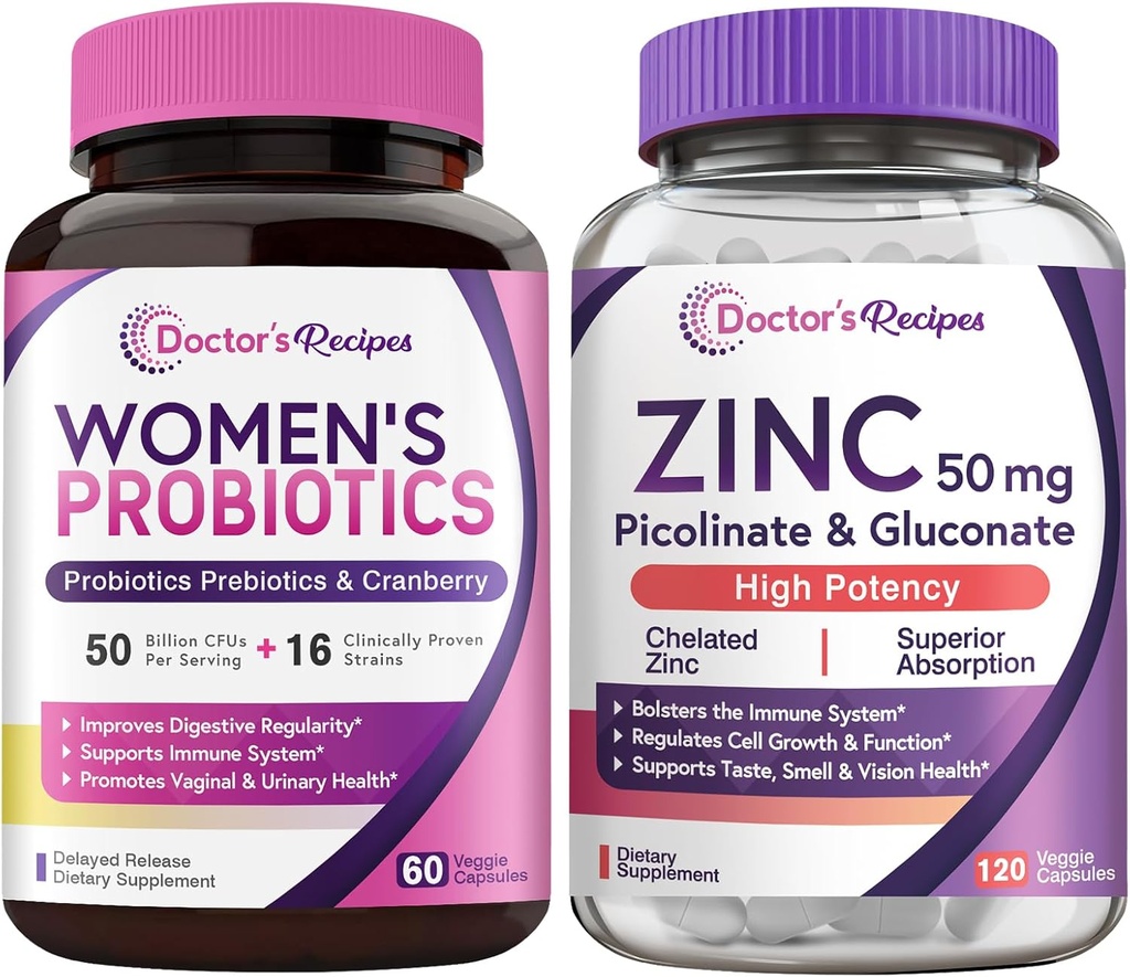 Doctor 's Opskrifter Kvinder Probiotiske & Zink bundle, fordøjelsesbesvær, vaginal & urinveje, naturlige immunforsvar, forsinket frigivelse Probiotiske kapsler 60ct & Zink kapsler 120 ct