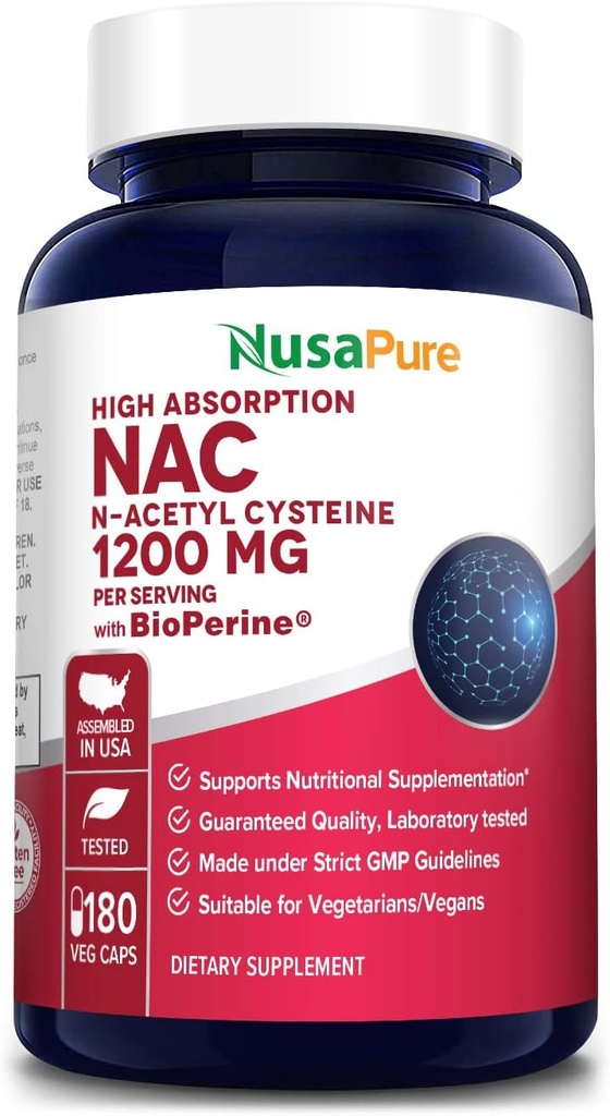 NusaPure N- Acetylcystein (NAC) 1200mg 180 Veggie Caps (Vegetarisk, Non- GMO, Gluten Free) Bioperine