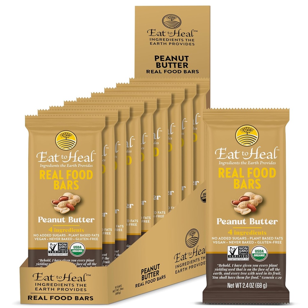 EatToHeal Peanut Butter Real Food Bar - Organic Vegan Sund High Protein Bars - Lavsukkermel erstatning, Ikke GMO, aldrig bagt, Plant baseret, Gluten Free - Fremsat til at nyde, ikke sidde på hylstre