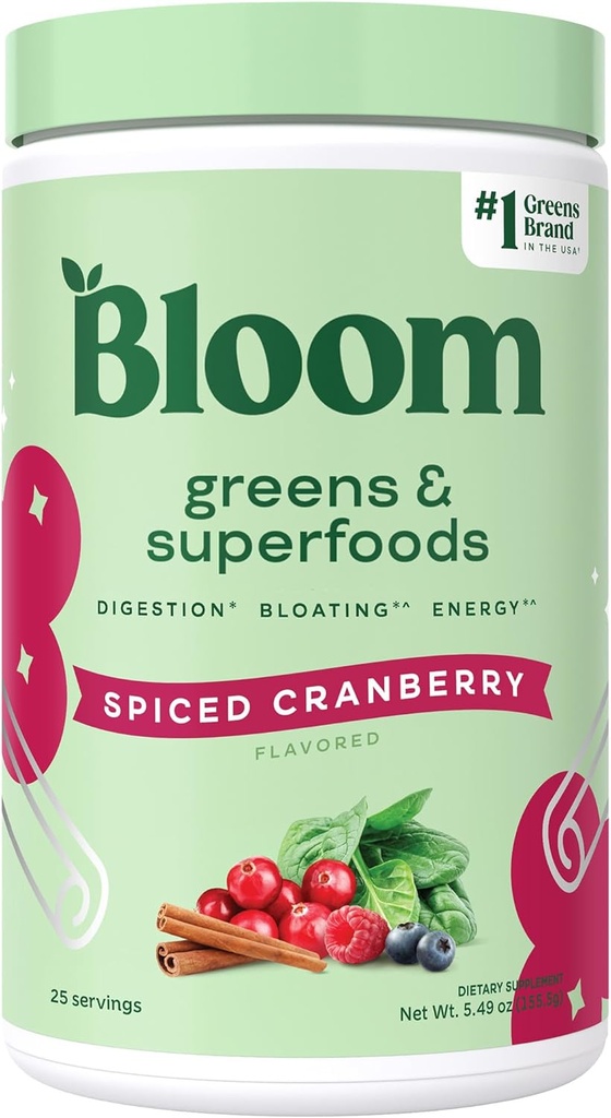 Bloom Nutrition Superfood Green Powder, fordøjelsesenzymer med probiotika og Prebiotika, Gut Health, Bloating Relief for Women, Chlorella, Green Juice Mix med Beet Root, 25 SVG, Spiced Cranberry