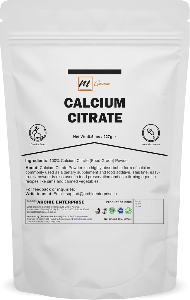 100% Calcium Citrate Powder (Food Grade) Alsatile, Højt Absorberet Calciumkilde 0,5 lbs / 227 g