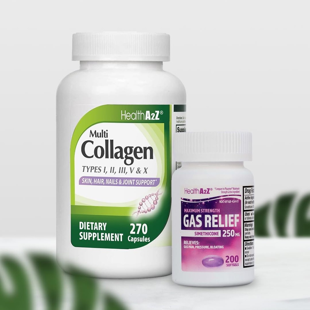 HealthA2Z ® Super Savings Bundle Deal - Gas Relief Simeticone 250 mg (200 Softgel) & Multi Collagen Pills, 1735 mg (270 Collagen kapsler)