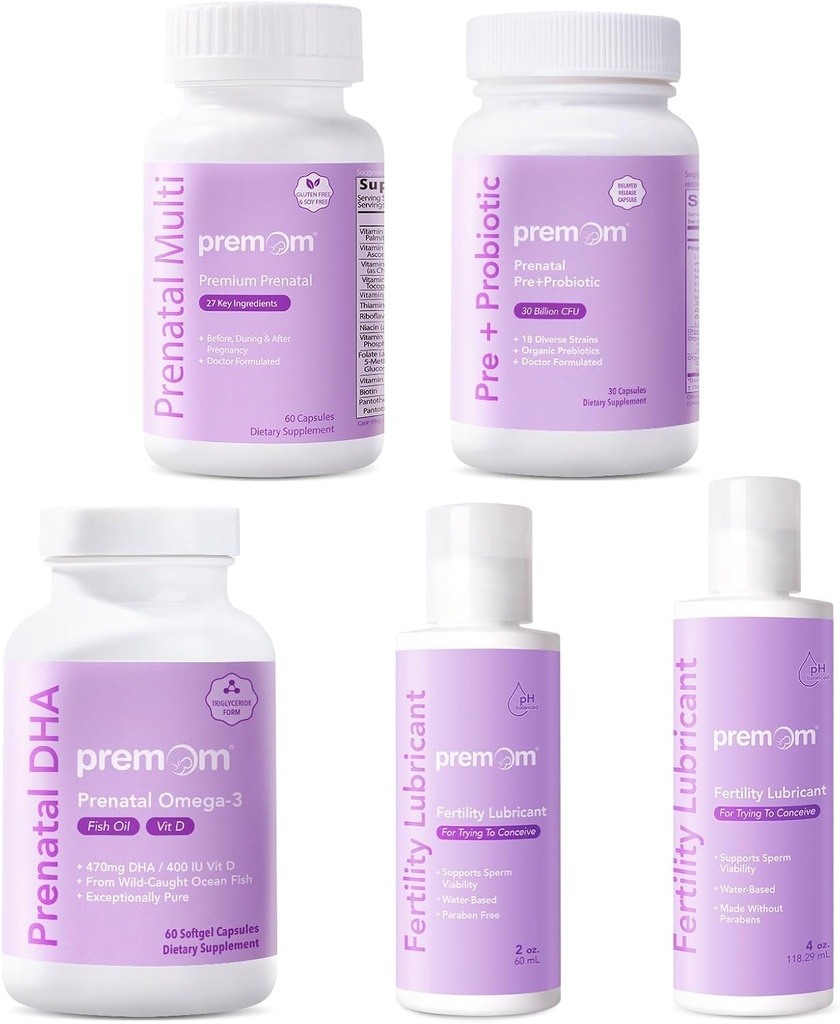 Premom Multivitamin til kvinder + Prenatal DHA Fish Oil + Prenatal Pre & Probiotika + Personlig Fertilitet Smøremiddel til Conception 2 & 4 Fl Oz