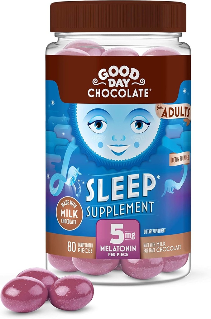 God dag Chokolade Melatonin til voksne [80 Greve] - Fair Trade Non- GMO Milk Chokolade med kamille og Melatonin 5 mg - Voksen Melatonin, Voksen naturlige søvn støtte supplement