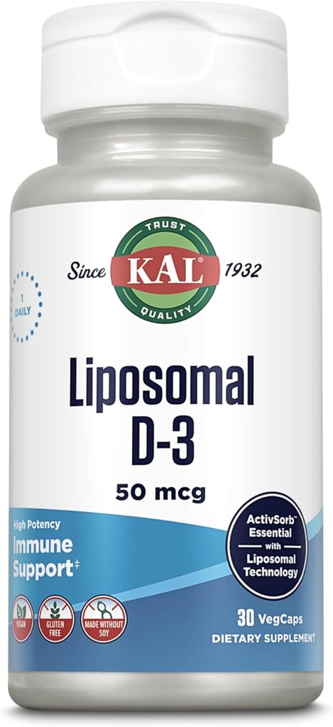 KAL Liposomal Vitamin D3 50 mcg, High Absorption Vitamin D, Liposomal Technology, High Potency Immunsupport, Vegan Kapsler, Gluten Free, No Soy, 30 Servere