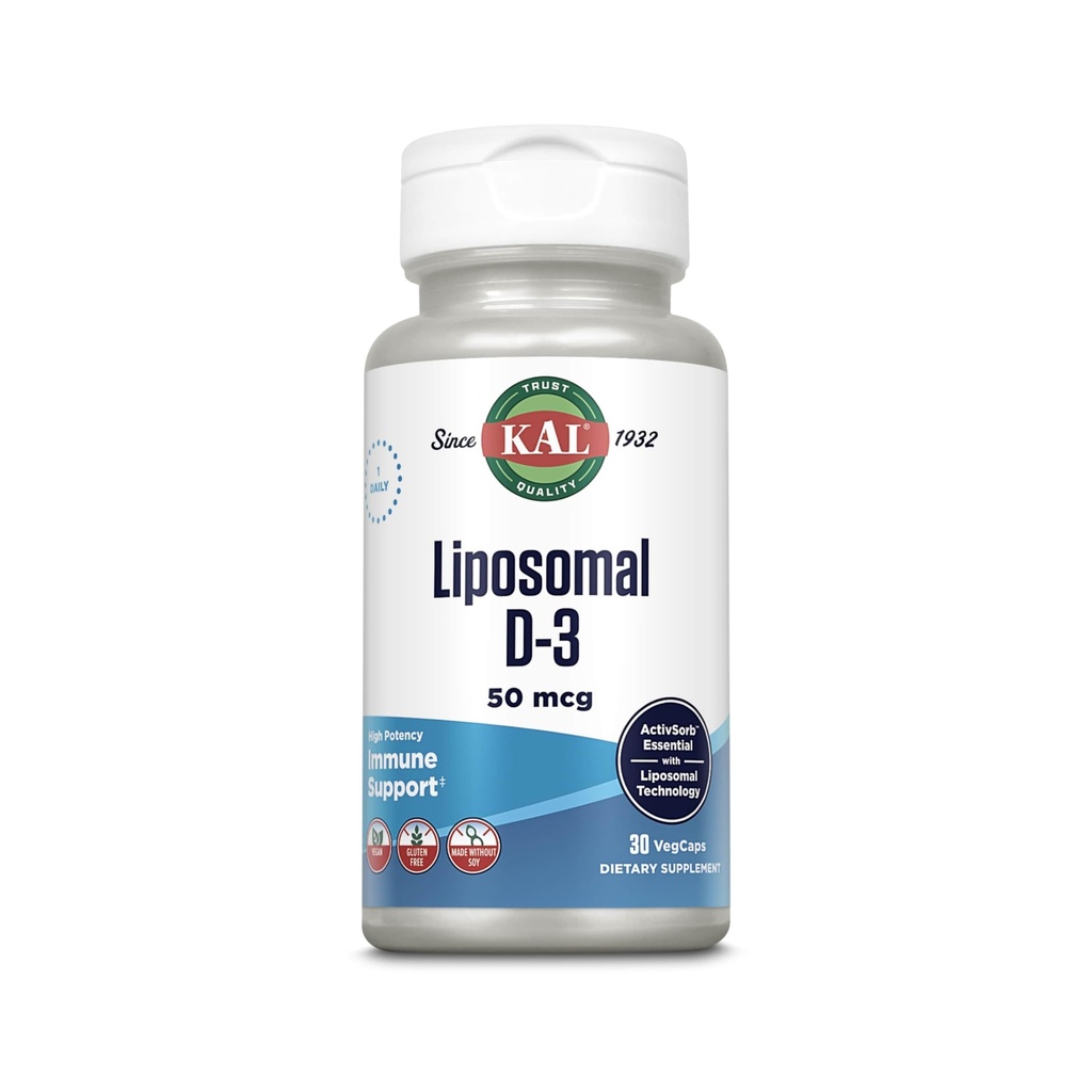 KAL Liposomal Vitamin D3 50 mcg, High Absorption Vitamin D, Liposomal Technology, High Potency Immunsupport, Vegan Kapsler, Gluten Free, No Soy, 30 Servere