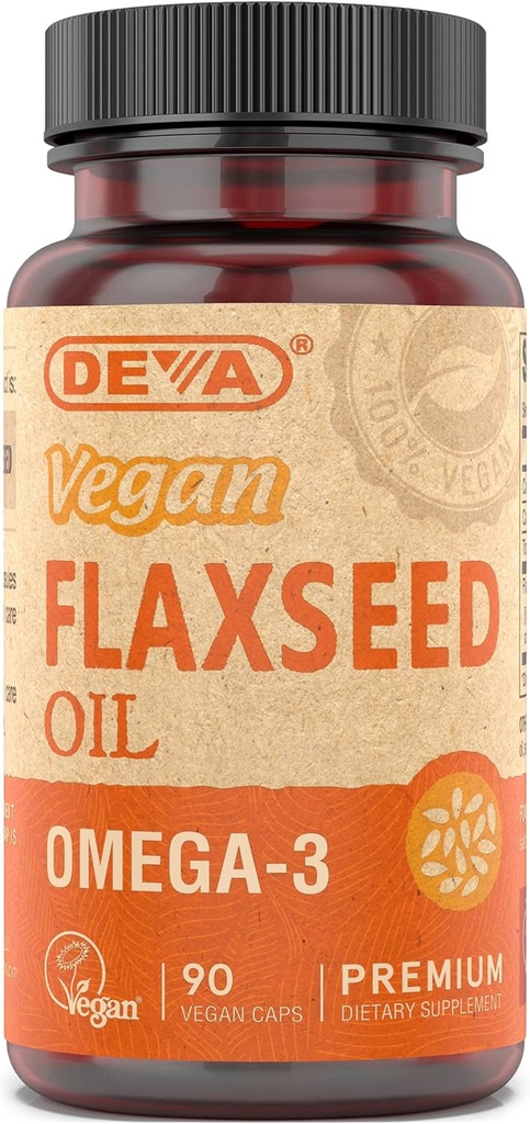 Deva Vegan Omega-3 Flaxseed Oil Supplement - 1000 MG Per Serving - Cold- Pressed & Uraffineret - Fish Oil Alternative - med Omega-3 ALA - 90 Kapsler, 1- Pack