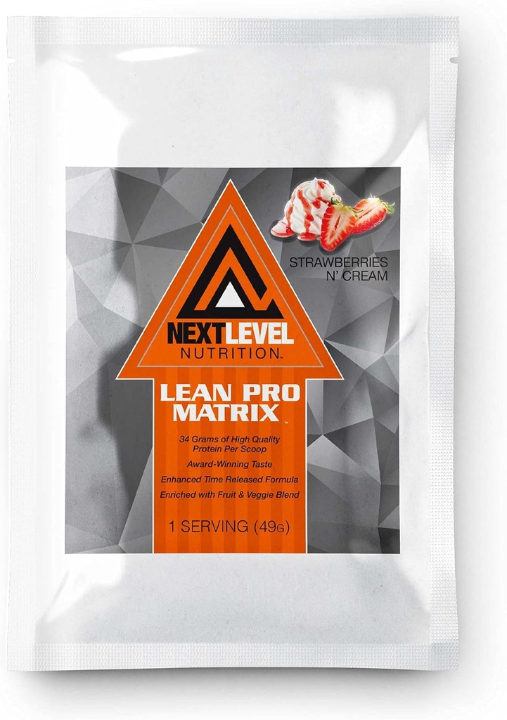 Lean Pro Matrix Protein Rejsepakker af næste niveau Nutrition Budding124; Jordbær og fløde Budding124; 7 dages levering enkeltportioner