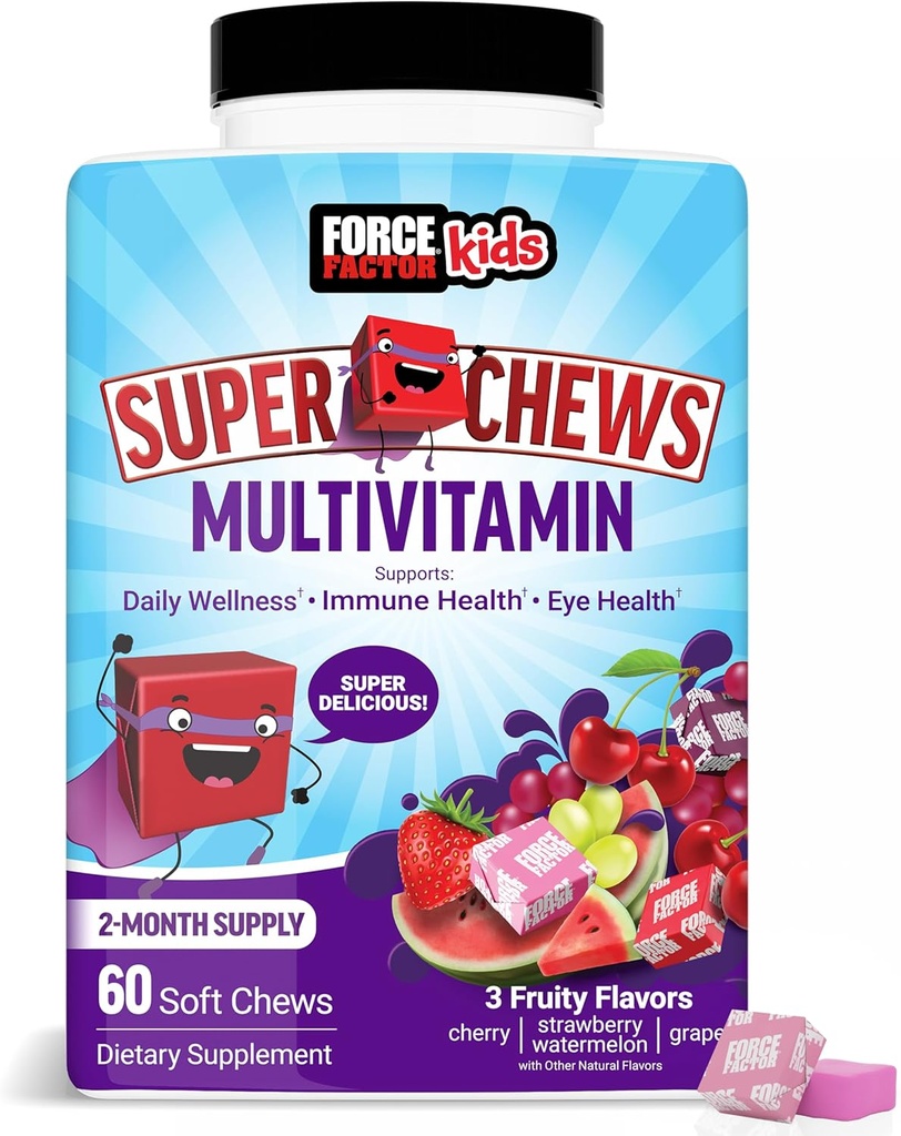 Force Factor Kids Multivitamin Super Chews, Kids Vitaminer til støtte Wellness, Immunsundhed, Øje Sundhed, & mere med 18 Vitaminer, Mineraler, & Antioxidanter, 2-måned Tilgang, Multi- Flavor, 60 Soft Chews
