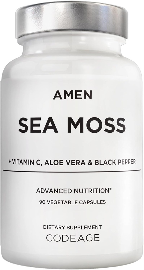 Amen Sea Moss Supplement - 1000mg Organic Irish Sea Moss, Bladderwrack, Burdock - Vitamin C, Aloe Vera, Black Pepper - Seaweed Superfood, Vitaminer, Mineraler og antioxidanter - Non- GMO - 90 kapsler