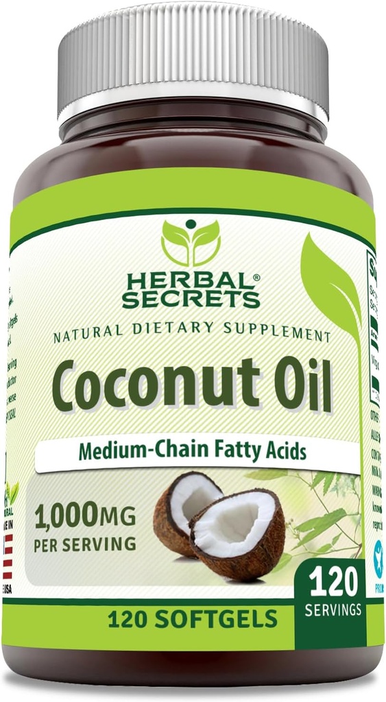 Herbal Secrets Coconut Oil 1000 Mg 120 Softgels Supplement | Non-GMO | Gluten Free | Made in USA