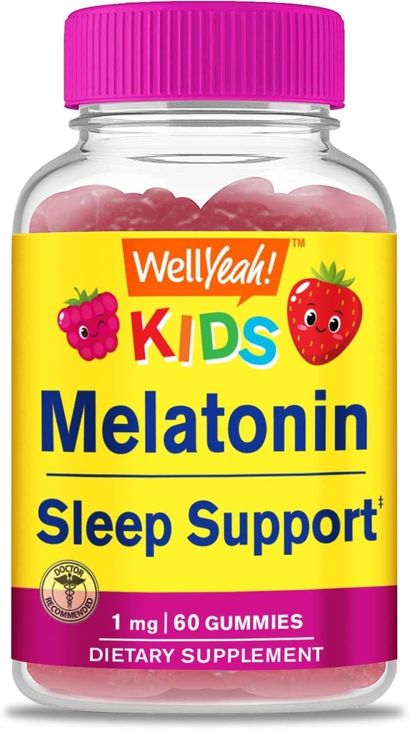 WellYes Kids Melatonin Gummies 1 mg - Drug- Free Sleep Aid Gummy Supplement, Sovestøtte til børn - Gluten Free, Gelatine Free, Ikke GMO, Vegetar - Natural Sourced Flavor - 60 Gummies