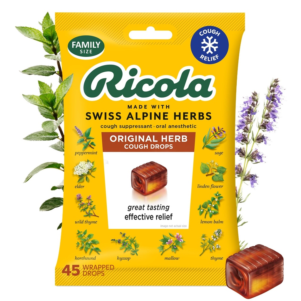 Ricola Original Herb Hoste Drops, 45 Greve, Hoste suppressant & Halsen Leasing Drops med naturligt sourced menthol, Tilfredsstillende Herbal Smag til hoste & Hals Irritation Symptomer Relief