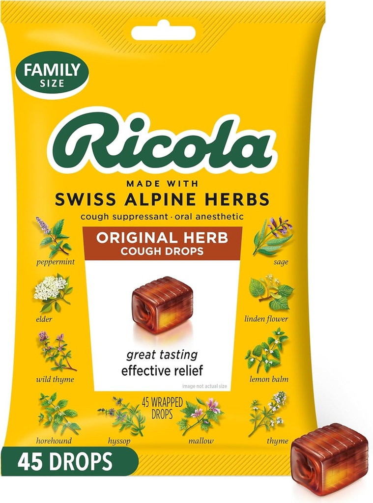 Ricola Original Herb Hoste Drops, 45 Greve, Hoste suppressant & Halsen Leasing Drops med naturligt sourced menthol, Tilfredsstillende Herbal Smag til hoste & Hals Irritation Symptomer Relief