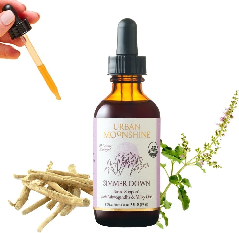 Urban Moonshine Simmer Down Tonic - Stress Support * med Ashwagandha & Mælkehavre - Lindrer nervøsitet & Irritability * - Promoes Mellow Mood * - Gluten Free Herbal Supplement - 2 Fl Oz