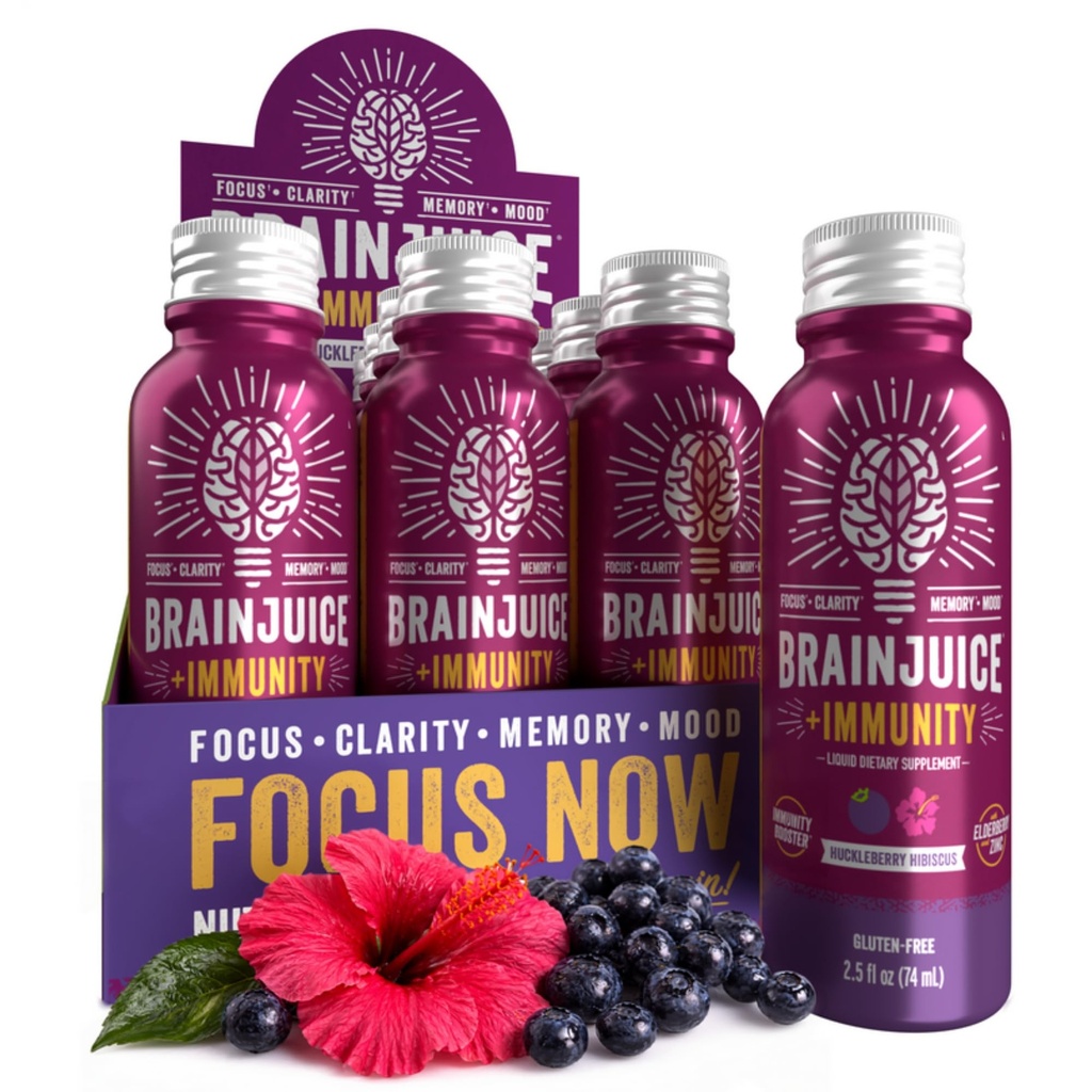 BrainJuice Brain og immunforsvar Shot, Gluten Free Supplement Shots for Energy, Fokus, Immunitet med D-vitamin, C B, Alpha GPC & Organic Ginger Root, Huckleberry Hibiscus, 2,5 fl oz, 12 Pack
