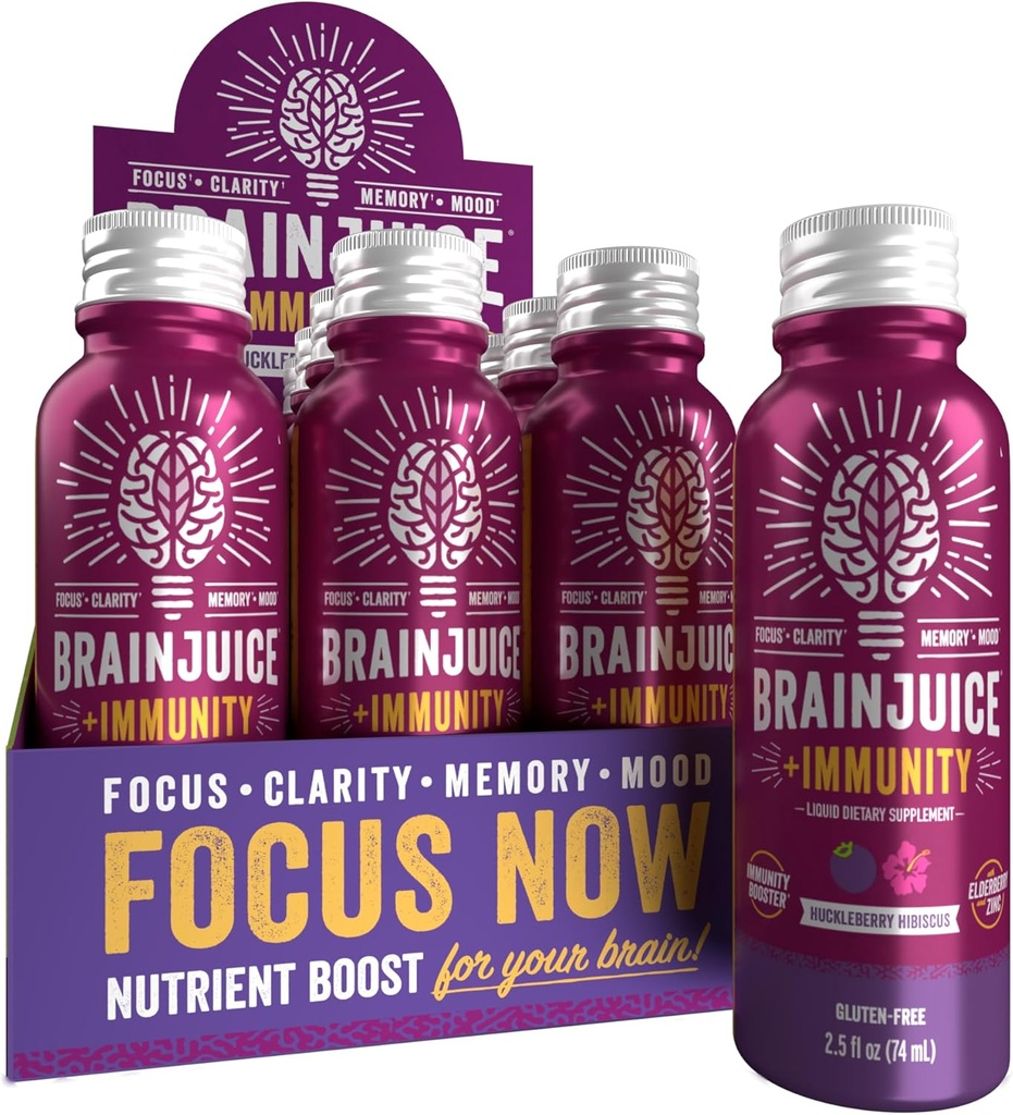 BrainJuice Brain og immunforsvar Shot, Gluten Free Supplement Shots for Energy, Fokus, Immunitet med D-vitamin, C B, Alpha GPC & Organic Ginger Root, Huckleberry Hibiscus, 2,5 fl oz, 12 Pack