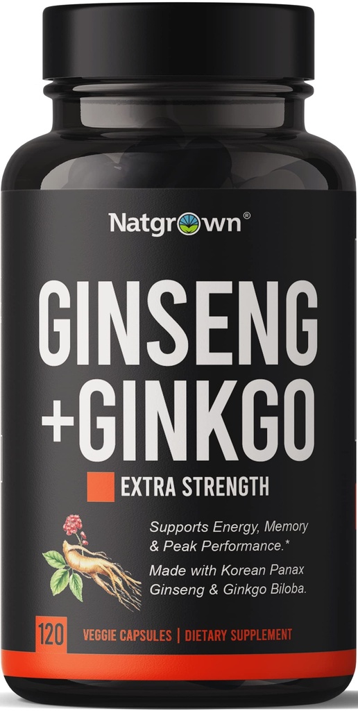 Natgrown Panax Ginseng & Ginkgo Biloba Supplement - Rød koreansk Ginseng & Ginko Biloba kapsler til mænd og kvinder - Understøtter hukommelse fokus & hjerne funktion - Vegan piller - 120 Greve