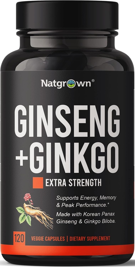 Natgrown Panax Ginseng & Ginkgo Biloba Supplement - Rød koreansk Ginseng & Ginko Biloba kapsler til mænd og kvinder - Understøtter hukommelse fokus & hjerne funktion - Vegan piller - 120 Greve