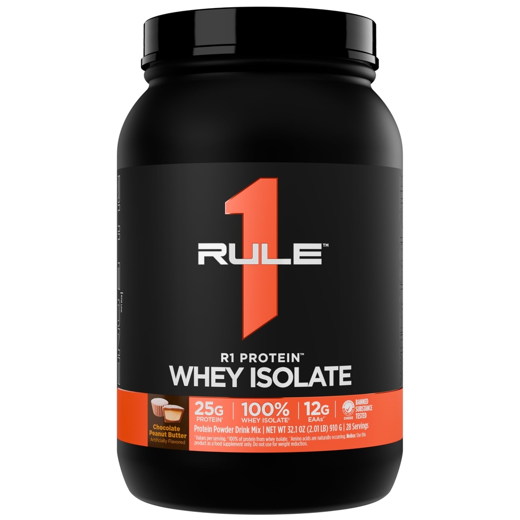 Rule 1 Proteins R1 Protein Whey Isolate, Chocolate Peanut Butter, 2 Pounds | 25g Protein & 6g BCAA Exclusively from Whey Isolates and Hydrolysate isolates for Workout Recovery and anytime use