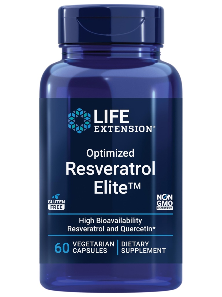 Life Extension Optimeret Resveratrol Elite, Trans- resveratrol, quercetin, sund aldring, Heart Health, Brain Health, oxidativ stress, Gluten- Free, Non- GMO, Vegetar, 60 Kapsler