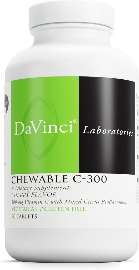 DaVinci Labs Chewable C- 300 - C-vitamin supplement til støtte immunforsvar, Cholesterol og kollagen produktion - med C-vitamin, Pektin og mere - Glutenfri - Cherry Flavor - 90 Vegetariske tabletter