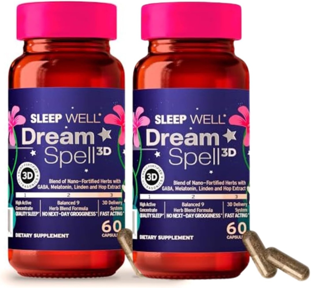 Dream Spell 3D Natural- Based Sleep Aid - Lindrer en Alert Mind, No Next- Day Groggines- Innovative Formel med 3Mg Melatonin, GABA, Humle - Rastful Nights, Refreshed Mornings - 120 Kapsler