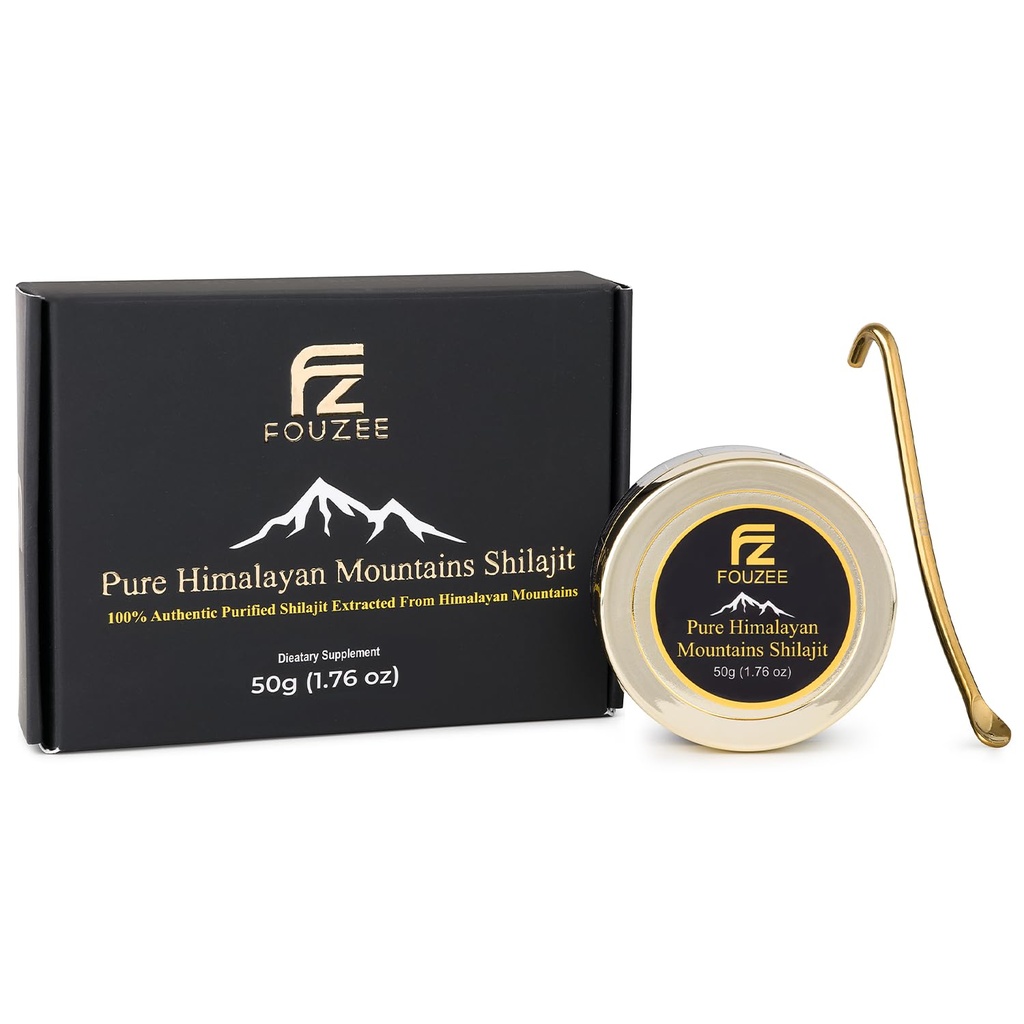 FOUZEE Pure Himalayan Mountains Shilajit - 77% + Fulvic Acid Authority Consistency, Natural Source of Fulvic Acid, Over 85 Trace Minerals, Inkluderer rustfrit stål Spoon (50 Bedste)