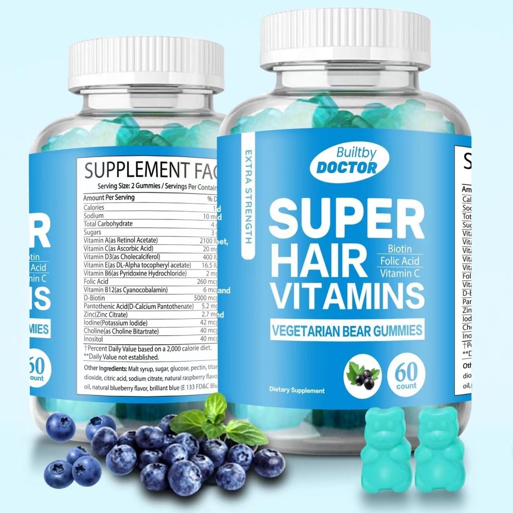 Super biotin gummier til hår, hud og negle - Veganske vitaminer til mænd og kvinder, understøtter hurtigere hårvækst og stærkere negle - Ekstra styrke