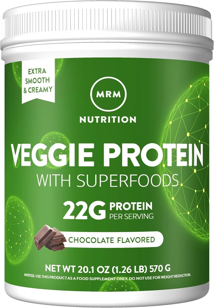 MRM Nutrition Veggie Protein with Superfoods against 124; Chocolate Flavored Measures 124; 22g Complete Protein Measures 124; Over 8,8g Essential Aminosyrer Measurement 124; 13 superfoods Measurement Measurement 124; with Omega 3s and Omega6s Measurement Measurement